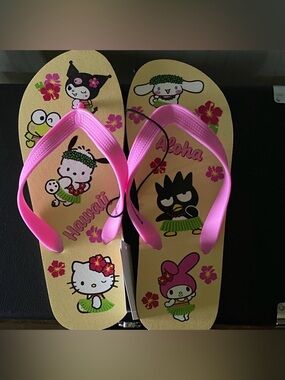 Sanrio Yellow Flip Flops with Pink Straps — Hello Kitty & Friends Hawaiian Print